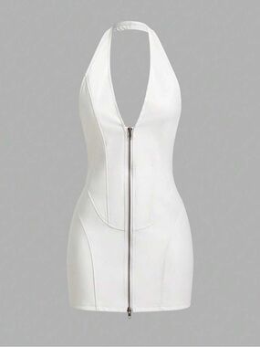 White Halter Zip-Front Mini Dress